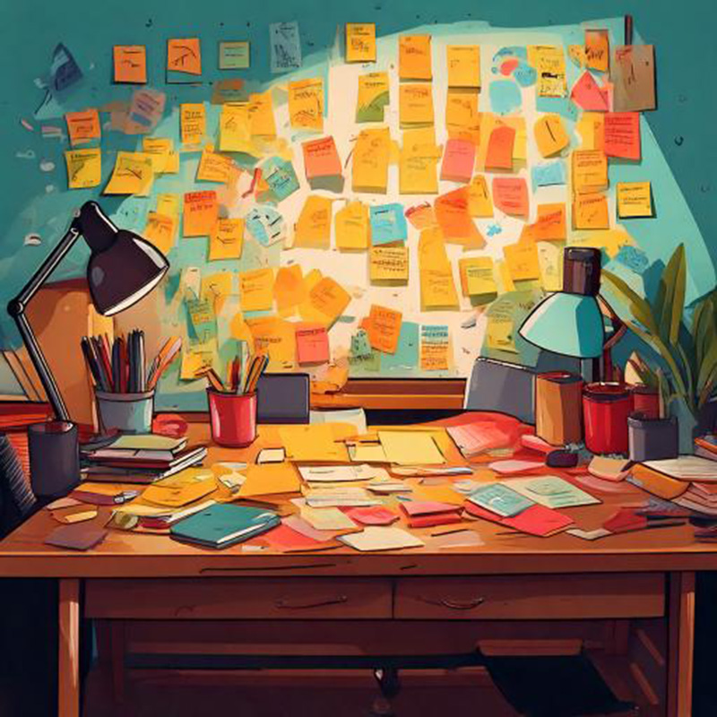 Illustration of a disorderly desk with sticky notes stuck to every surface.