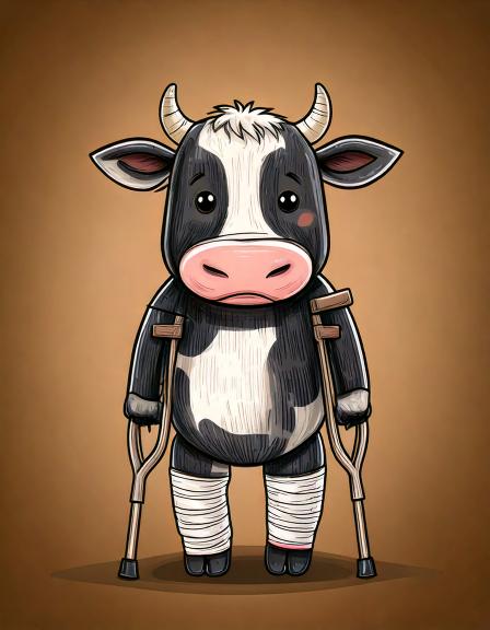 Cartoon of a black and white cow using crutches due to a cast on its leg.